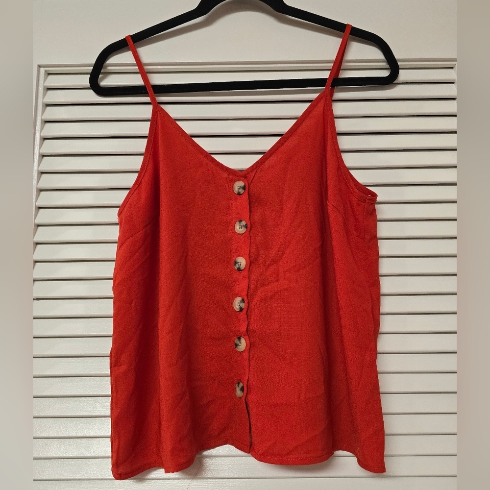 Paper Crane - Orange Sleeveless Loose-Fit V-Neck Faux Button Top